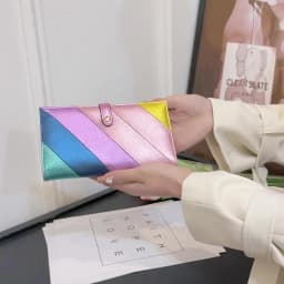 Women's Fashion Elegant PU Leather Long Wallet Colorful Stripe Stitching Zipper Pocket Card Holder, Bifold