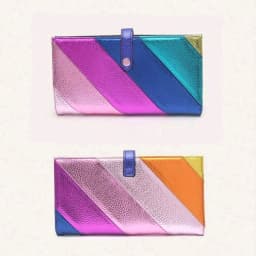 Women's Fashion Elegant PU Leather Long Wallet Colorful Stripe Stitching Zipper Pocket Card Holder, Bifold