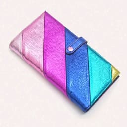 Women's Fashion Elegant PU Leather Long Wallet Colorful Stripe Stitching Zipper Pocket Card Holder, Bifold