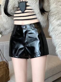 American Retro Sexy Pu Leather Shorts Womens 2024 Autumn Winter Black Hotsweet Bright Short Pants Female