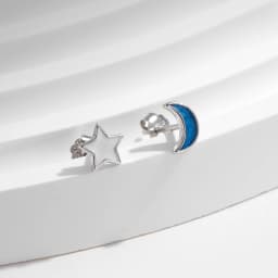 MODIAN 925 Sterling Silver Delicate Cute Blue Enamel Moon & Star Asymmetrical Stud Earrings For Women Fine Jewelry