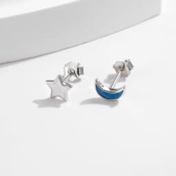MODIAN 925 Sterling Silver Delicate Cute Blue Enamel Moon & Star Asymmetrical Stud Earrings For Women Fine Jewelry
