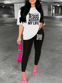 Women's Sports Outfit Set Plus Size Letter Print Black Short Sleeve T-shirt Top & Pants Fitness 2 Piece Set