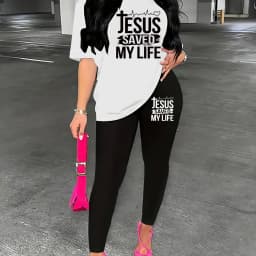 Women's Sports Outfit Set Plus Size Letter Print Black Short Sleeve T-shirt Top & Pants Fitness 2 Piece Set