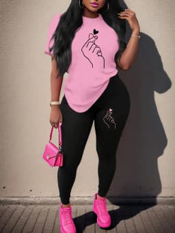 Women's Sports Outfit Set Plus Size Letter Print Black Short Sleeve T-shirt Top & Pants Fitness 2 Piece Set