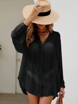 Women Summer Loose Long Sleeve Shirt V Neck Button Beach Cover Up Flowy Sun Protective Tunic Casual Vacation Swim Cover Up