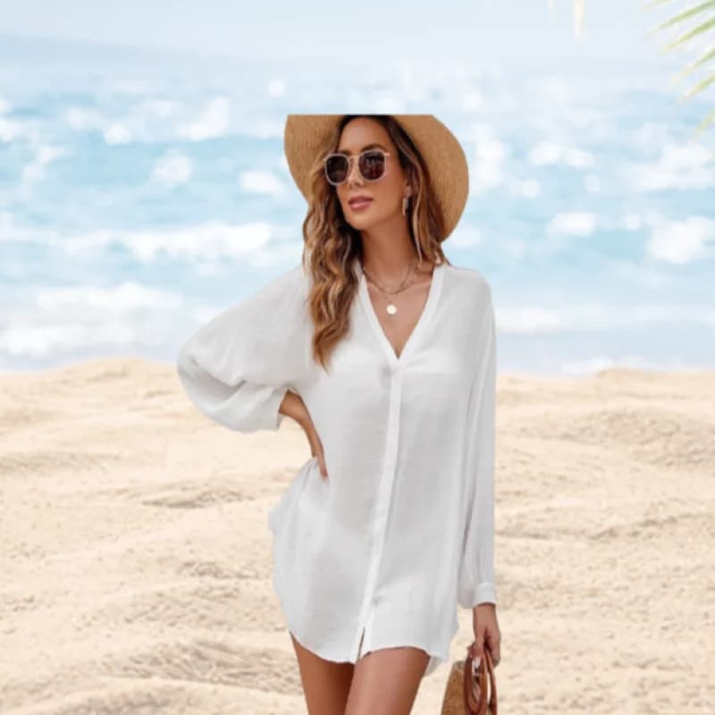 Women Summer Loose Long Sleeve Shirt V Neck Button Beach Cover Up Flowy Sun Protective Tunic Casual Vacation Swim Cover Up