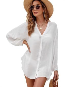 Women Summer Loose Long Sleeve Shirt V Neck Button Beach Cover Up Flowy Sun Protective Tunic Casual Vacation Swim Cover Up