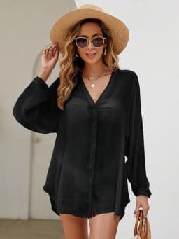Women Summer Loose Long Sleeve Shirt V Neck Button Beach Cover Up Flowy Sun Protective Tunic Casual Vacation Swim Cover Up