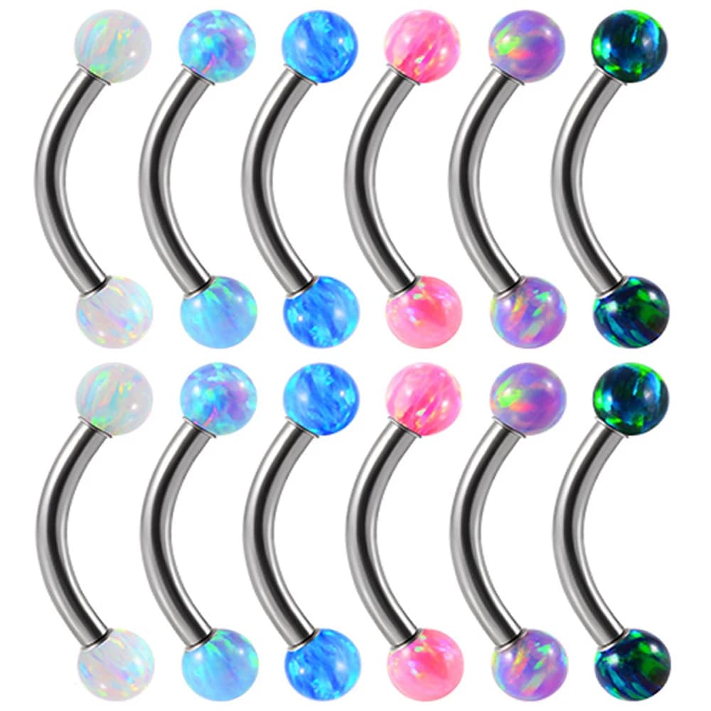 2X 16g 1.2mm Opal Eyebrow Ring Steel 6mm - 14mm Bar Curved Barbell Monroe Lip Stud Internally Threaded Body Piercing