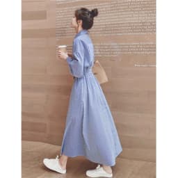 2025 New! Women's Blue - White Stripe Shirt Dress, Ideal for Spring & Fall. Slimming with Cinched Waist, High - end Long Dress