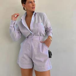 Women's Long Sleeve 2-Piece Set Casual Button Detail Shorts Outfit with Shirt Top Summer Fashion Female Suit