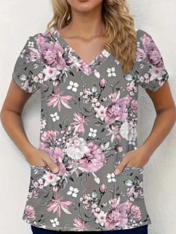 Women's Vintage Floral Print Surgical Gown Tops Short Sleeve V Neck Nurse Uniform Shirt with Pockets T-Shirt Nursing Work Tops