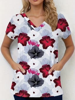 Women's Vintage Floral Print Surgical Gown Tops Short Sleeve V Neck Nurse Uniform Shirt with Pockets T-Shirt Nursing Work Tops