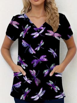 Women's Vintage Floral Print Surgical Gown Tops Short Sleeve V Neck Nurse Uniform Shirt with Pockets T-Shirt Nursing Work Tops