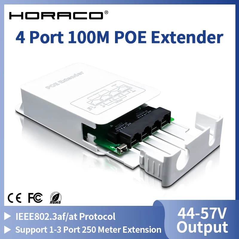 HORACO 4 Port POE Extender 100M Outdoor Rainproof POE Repeater IP30 VLAN 44-57V 30W for POE Camera Wireless AP