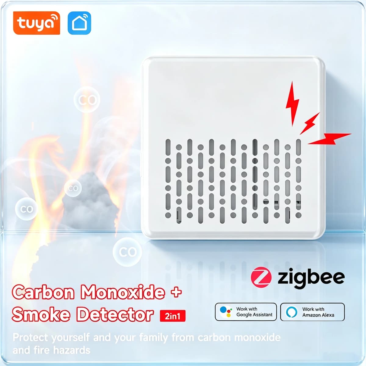 Tuya 2in1 Smart Zigbee Fire Smoke Detector Carbon Monoxide CO Leak Alarm App Remote Monitoring With Alexa Google Security Alarm