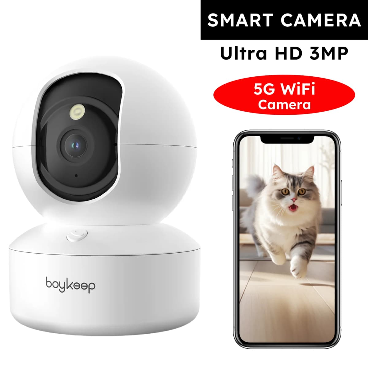 Boykeep 2K Pet Dog Camera with Phone App, 5G/2.4GHz WiFi Indoor Security Baby Camera, 360° Pan & Tilt, 2-Way Audio, Night Vision
