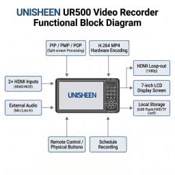 UNISHEEN 7inch Screen Video Capture Box 2 Channel HDMI Recorder Battery Socket Tape CVBS AV RCA SVideo DVI VGA YPbPr 1080p HD 4k
