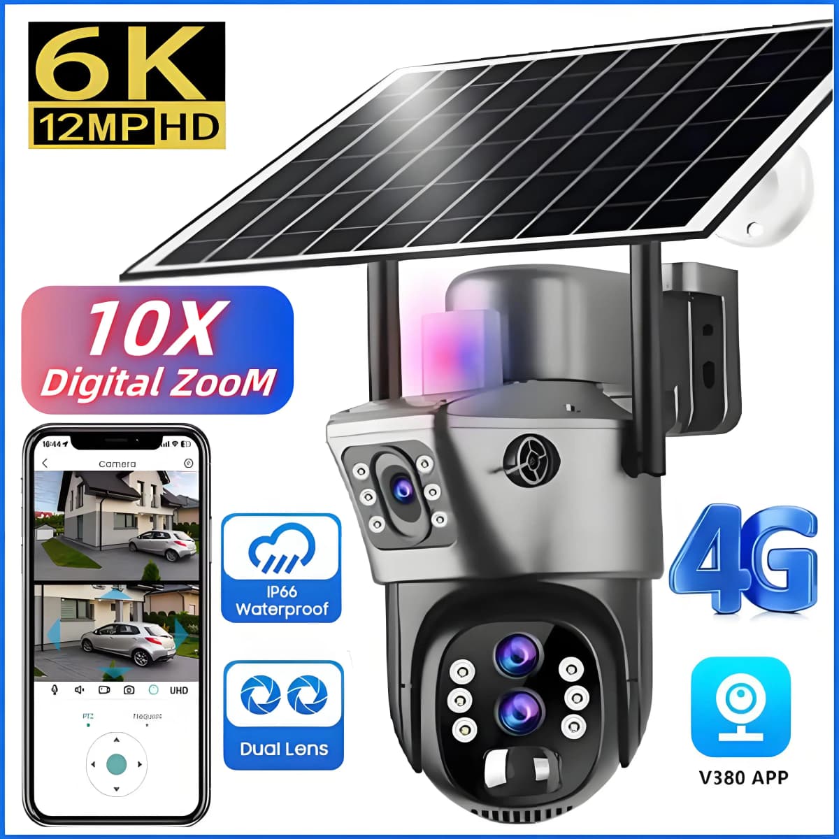 10x Zoom 4G SIM Solar Camera Outdoor 6K 12MP Three Lens HD Night Vision IP Surveillance Camera Security Protection PTZ CCTV Cam