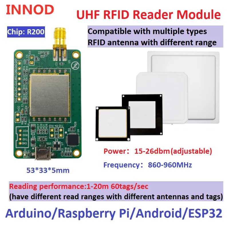 R200 Chip Micro Reader Long Range RFID UHF Module Writer Raspberry Pi TTL UART Interface Micro USB 1 Port RFID Reader Module
