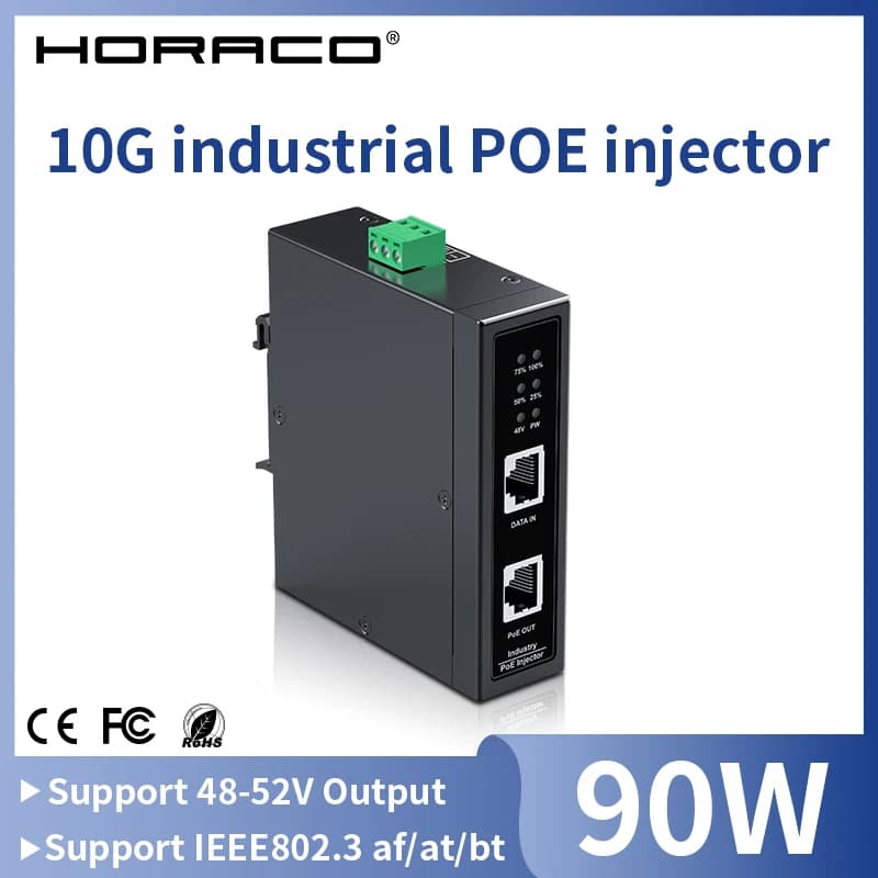 HORACO 10G Industrial POE Injector 90W DIN Rail IEEE 802.3 AF/AT/BT Plug&Play 48-55V for POE Camera, Wireless AP, Wi-Fi Bridge