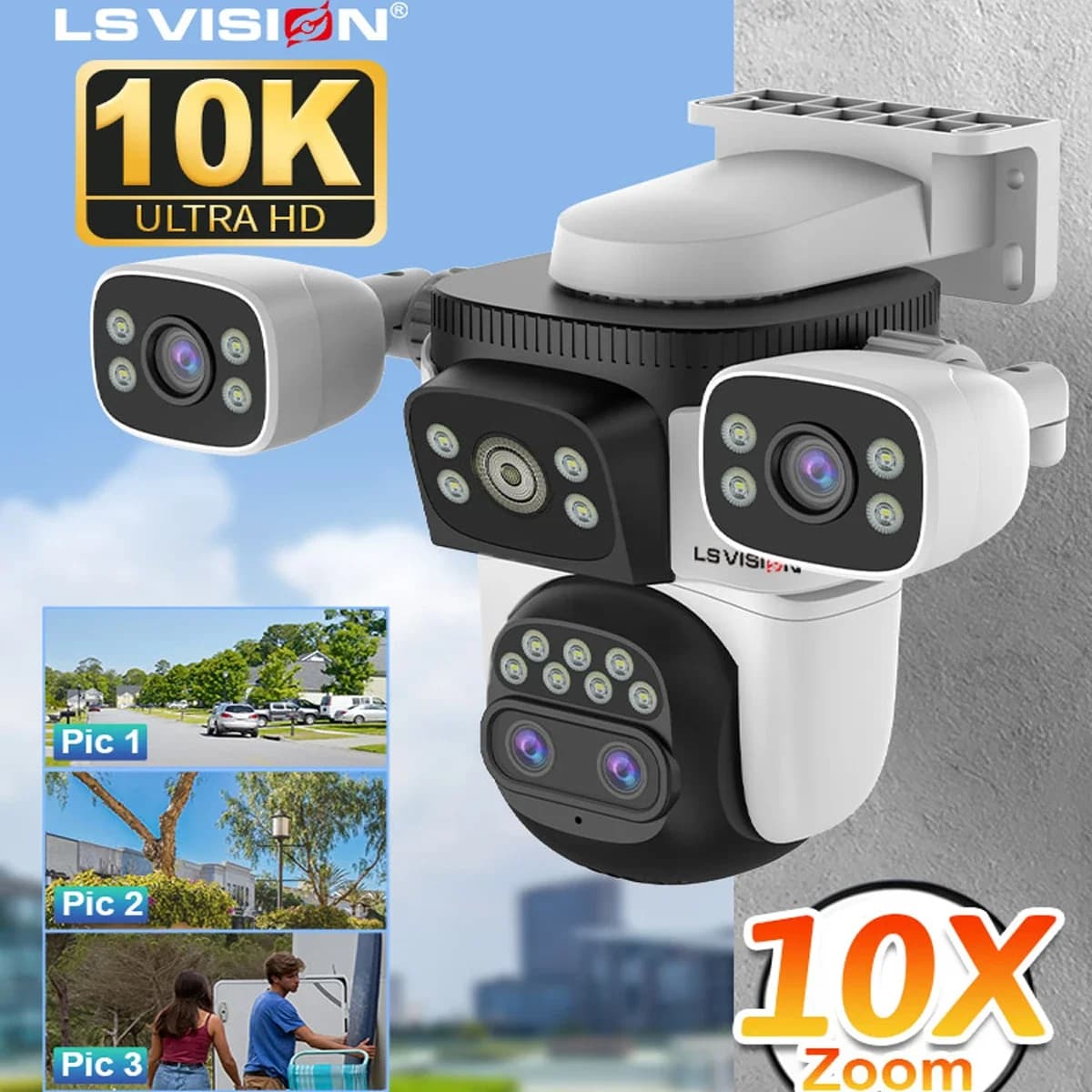 LS VISION Three Screens WiFi Security Camera Outdoor PTZ 10X Optical Zoom Cameras Auto Tracking CCTV Camera Surveillance