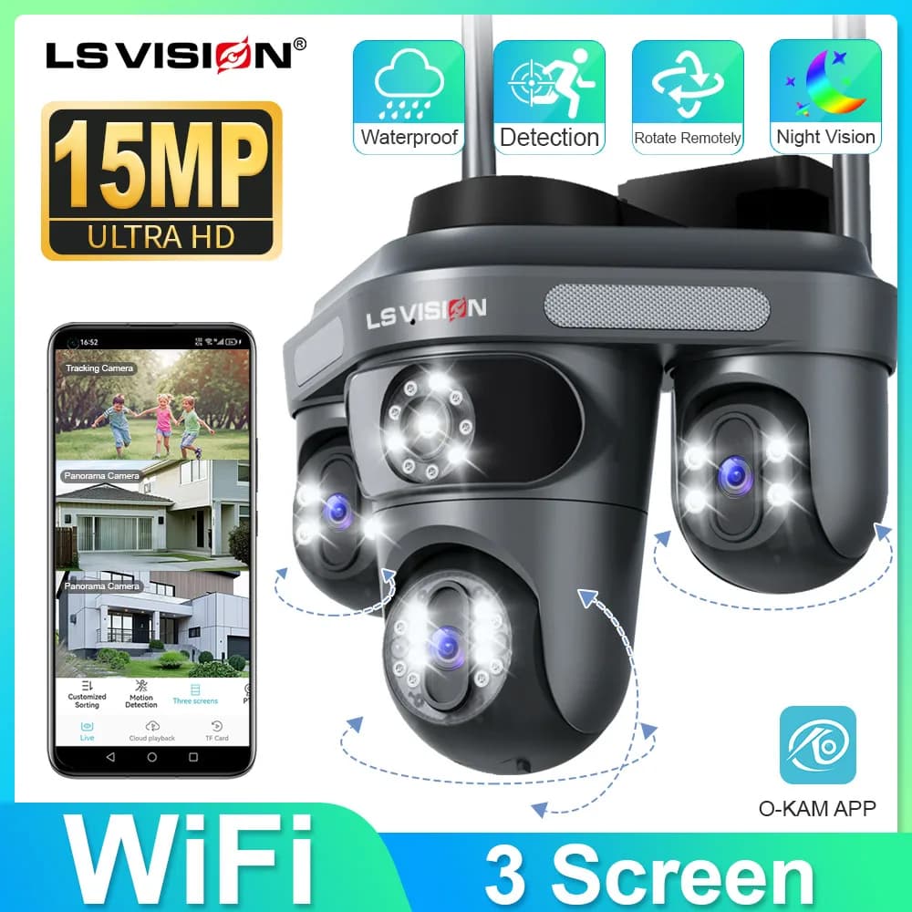 LS VISION Triple Screens Camera WiFi 6K 12MP IP Camera 3 Lens PTZ APP Control Camera Motion Detection Video Surveillance Camera