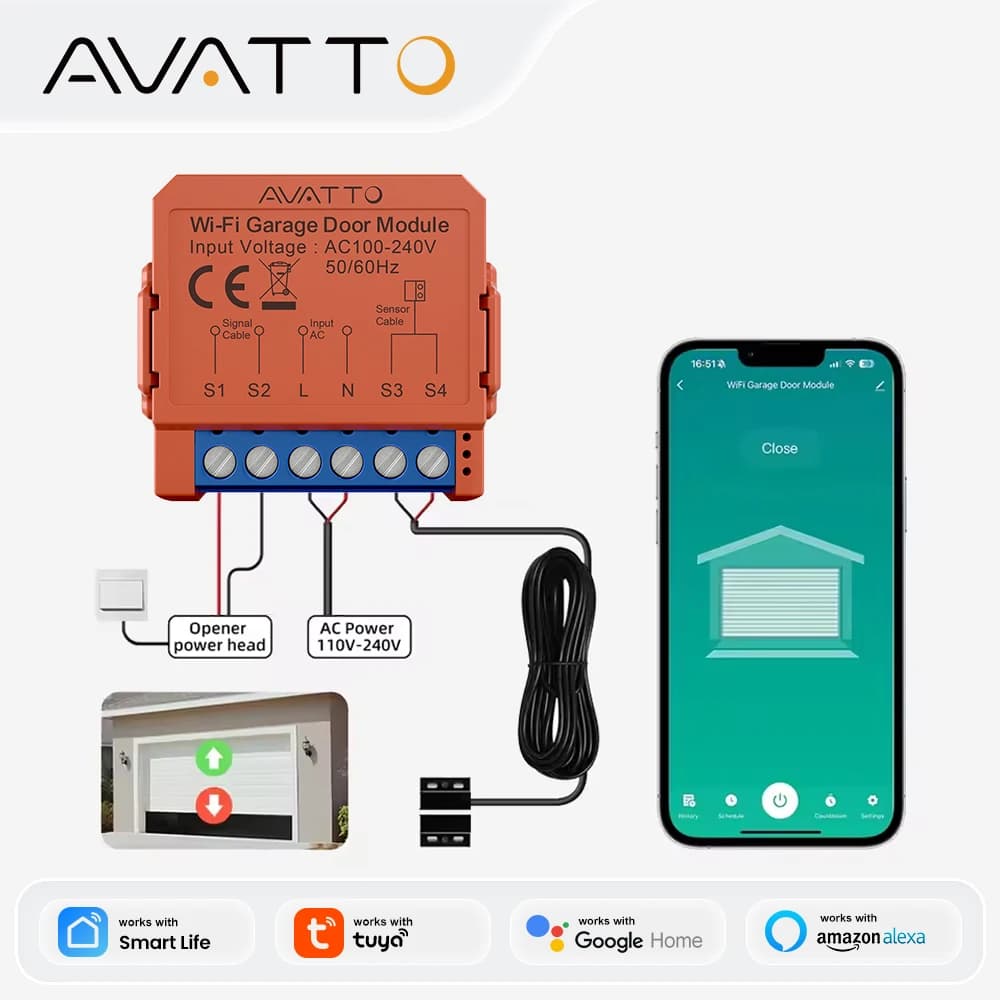 AVATTO WiFi Garage Door Opener Smart App Remote Voice Control Gate Door Switch module Works with Tuya Alexa Google Home Alice