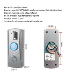 Door Exit Release Button Zinc Alloy Panel GATE Push Switch for Door Access Control System to Open Door