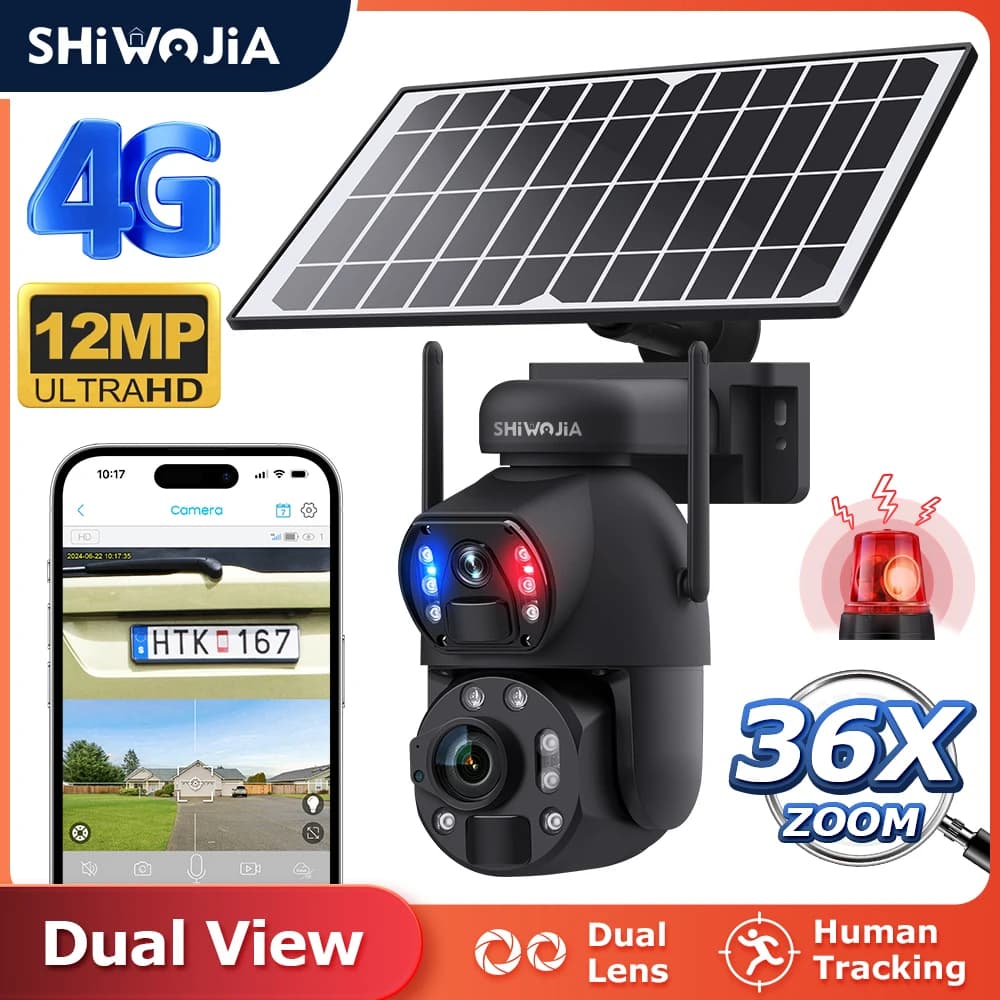 SHIWOJIA 6K 12MP 4G Solar Camera 36X Zoom DualLens Recording Humanoid Tracking Outdoor WIFI Camera Metal Waterproof CCTV 12000mA