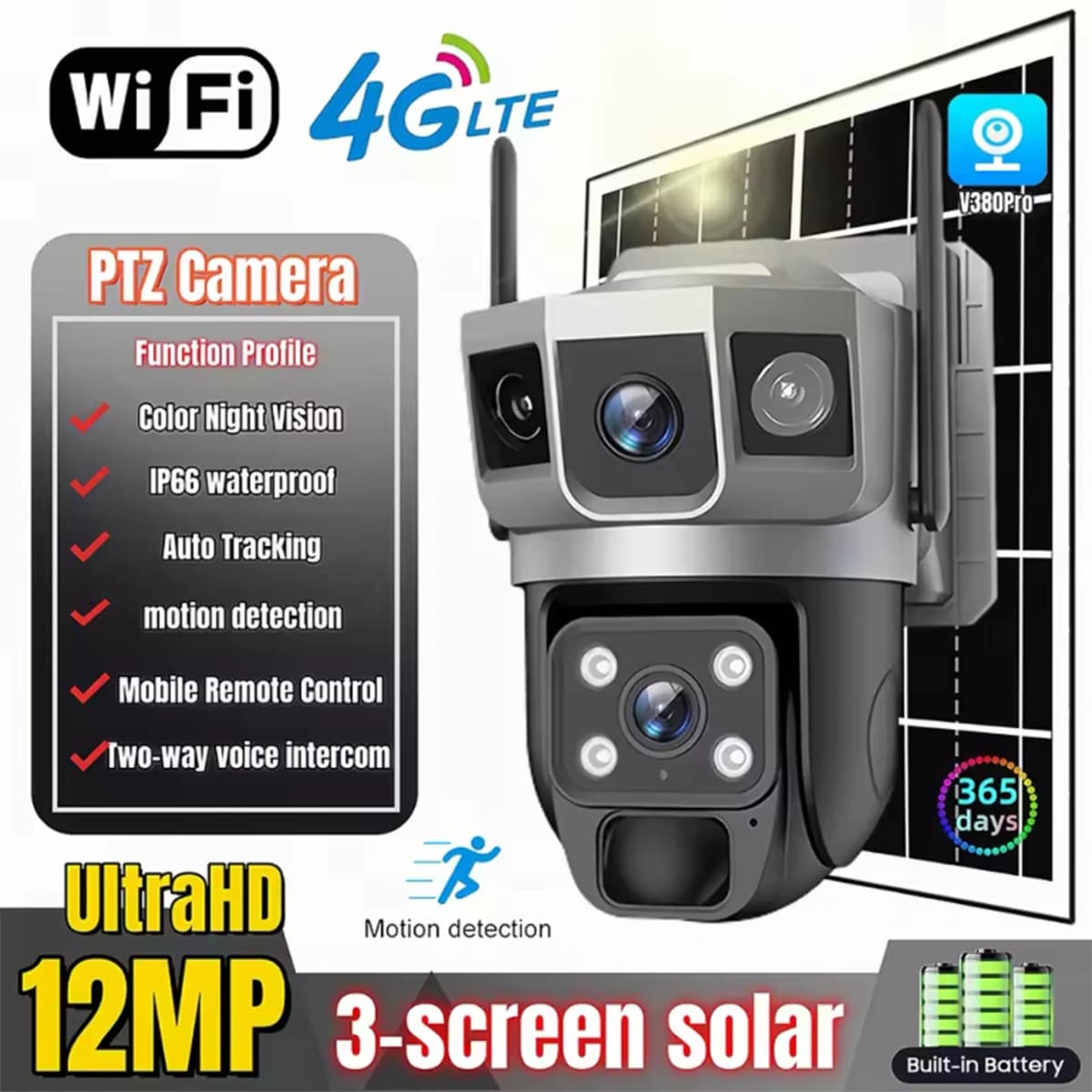 V380Pro Solar Camera 4G Sim Card Camera Triple Screen WiFi Network Security CCTV Built-in Battery PIR Night Vision HD PTZ Camera