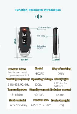 Wireless 433/315MHz RF Remote Control Copy Code 2 Buttons for Garage Door Gate Opener Home Automation Car Alarm