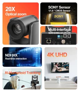 Runpu 4K60FPS NDI Camera POE 12X 20X Zoom AI Tracking PTZ Camera SDI HDMI USB POE IP Conference Camera for Church Live Streaming