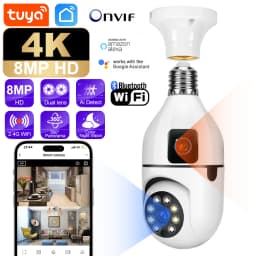 8MP HD PTZ WiFi Dual Lens Dual Screen E27 Bulb Camera Tuya Smart Life Security Video Surveillance Camera Ai Human Auto Tracking