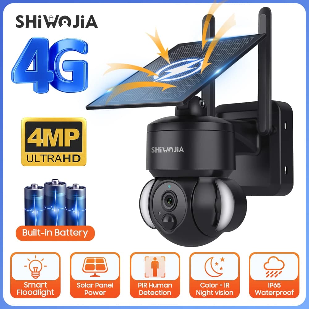 SHIWOJIA Outdoor Camera 4G / Wifi Solar Powered 7500mAh Battery with 5W Solar Panels 4MP Color Night Vision Wireless Garden CCTV