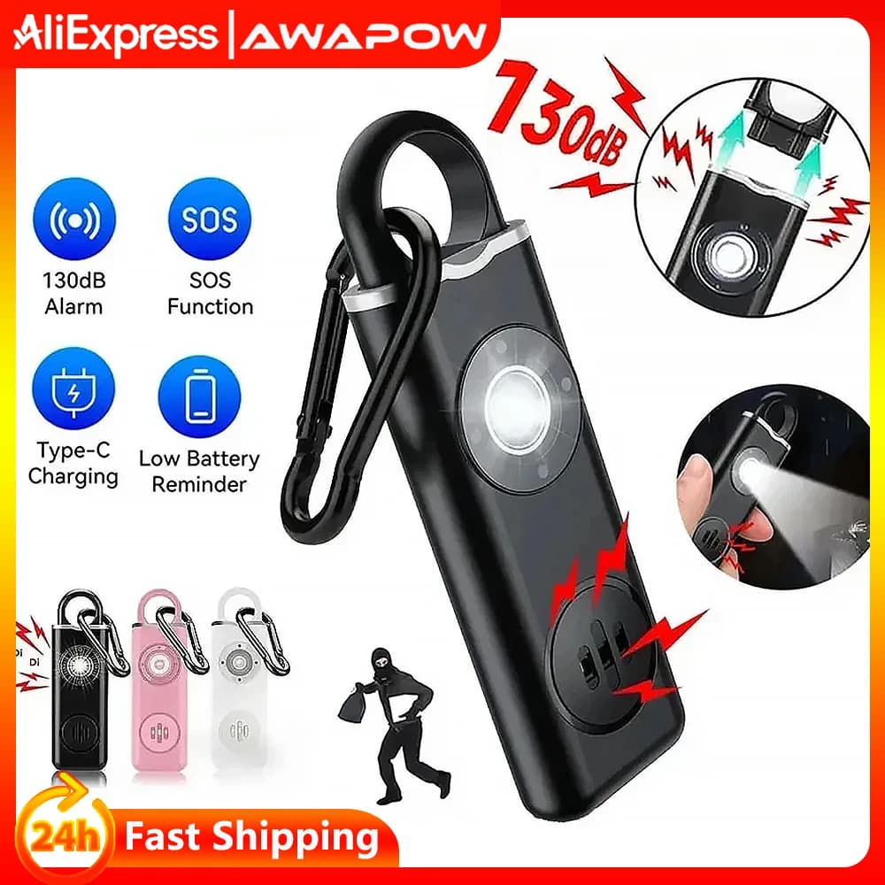 Awapow Personal Defense Alarm 130dB With LED Light Rechargeable Self Defense Woman Safety Alarm Key Chain Emergency Anti-Attack
