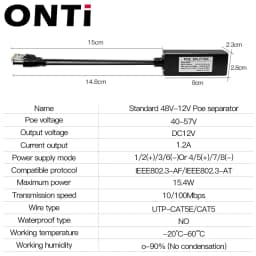 ONTi 100M/1000M Standard POE Splitter 48V to 5V 12V 1.2A 2.2A Micro USB Tpye-C for IP Camera / Router / Wrieless AP