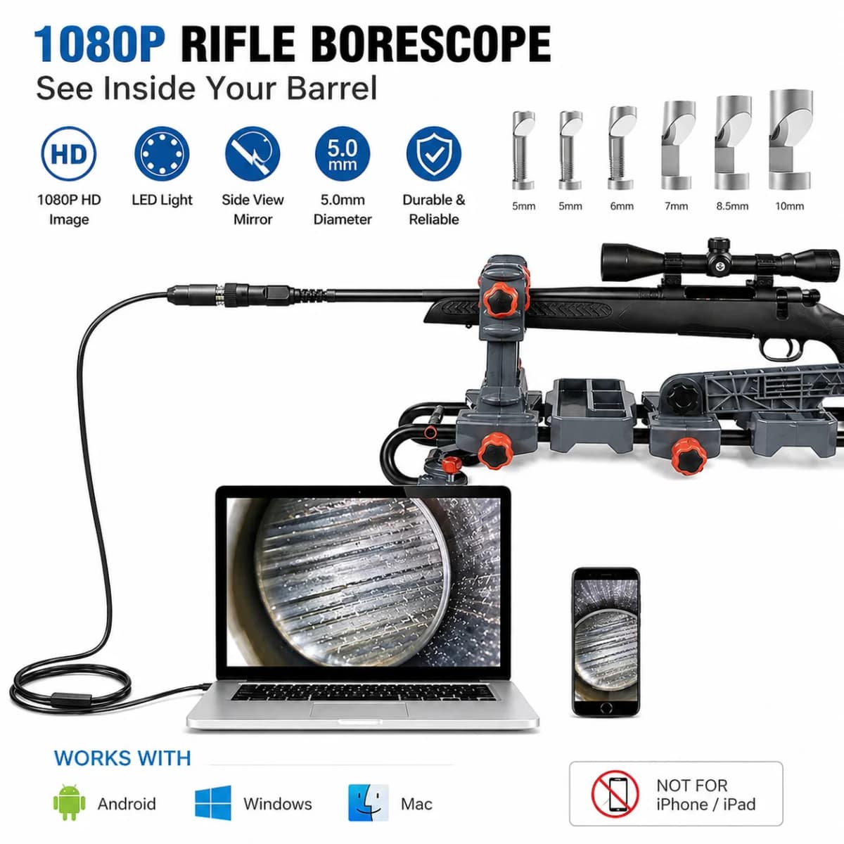 Rifle Borescope Camera, 0.2inch Digital Hunting Cleaning Scope with LED Light Side View Use on Android PC
