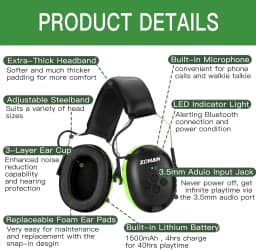 ZOHAN Hearing Protection Bluetooth Headphone Earmuffs Headphones Safety Noise Reduction 25dB NRR Protector for Mowing Music