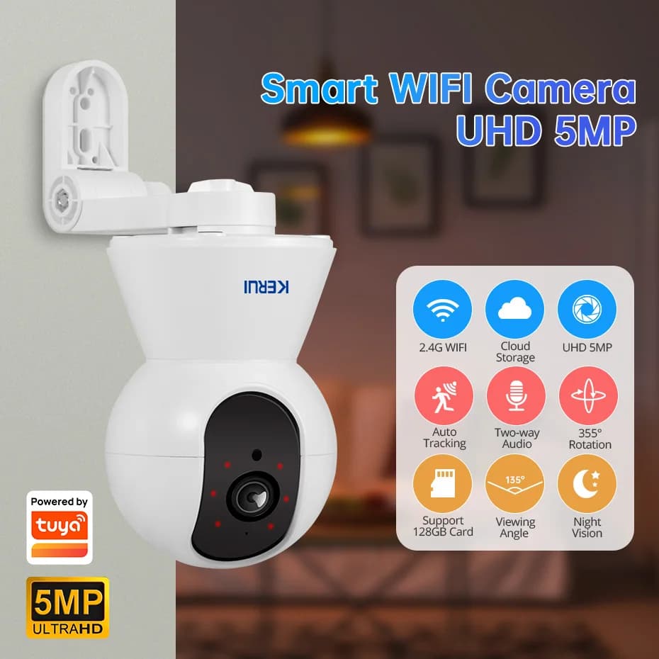 KERUI 4K 8MP Tuya Smart Mini WiFi IP Camera With Bracket Indoor Wireless Home Security AI Human Detect CCTV Surveillance Camera