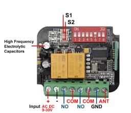 Universal Frequency 300-900MHz Garage Door Receiver AC DC 9-30V AC 85-250V 2CH Switch Module 433 868MHz Transmitter