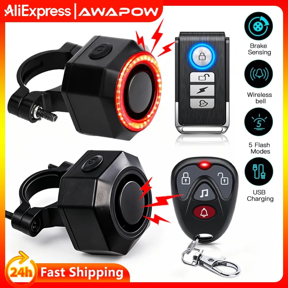 Awapow Bicycle Alarm Remote Control Bike Anti Theft Vibration Alarm 110dB Motorcycle Bicycle Detector USB Rechargeable