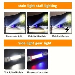 Powerful LED Flashlight Type C Rechargeable Waterproof Torch with Side Light 5 Modes Zoomable Lamp for Camping Fishing Lantern