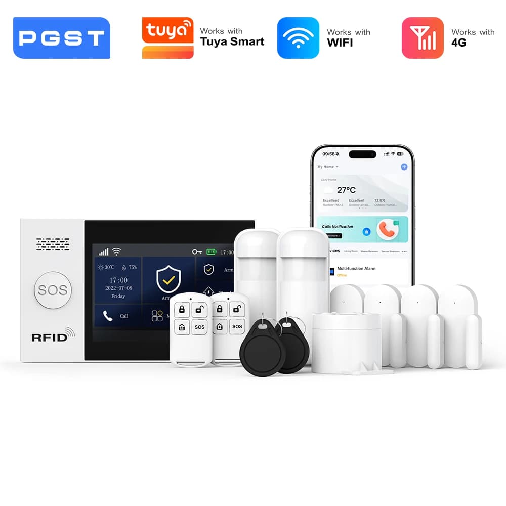PGST WiFi 4G Home Alarm Security System Kit Home Alarm Security Protection Door Motion Sensor Works with Tuya Smart Life Alexa