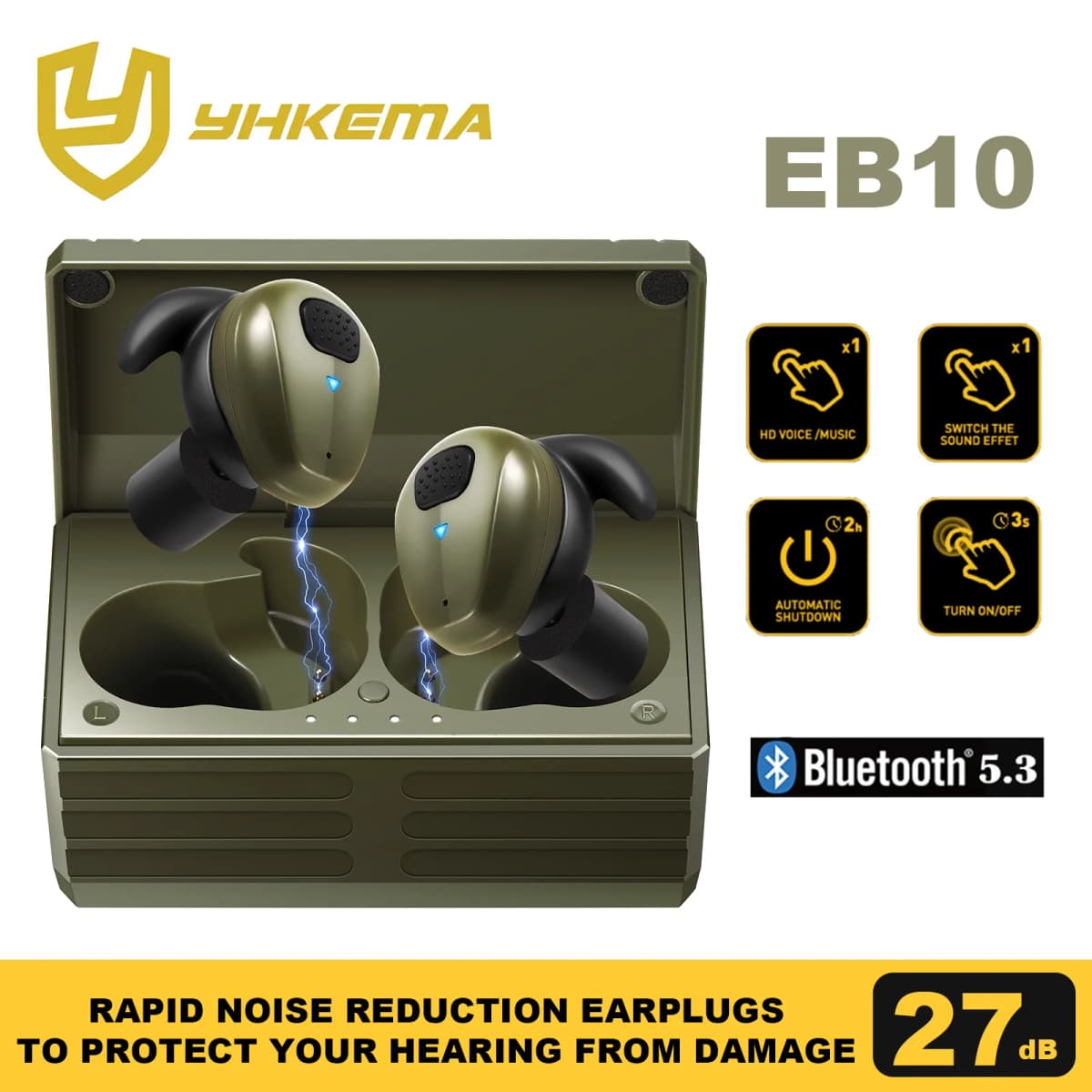 2024 YHKEMA Tactical EB10 Bluetooth Earplugs Noise Canceling Shooting Earplug Sound Pickup Headphone Noise Cancelling Headset
