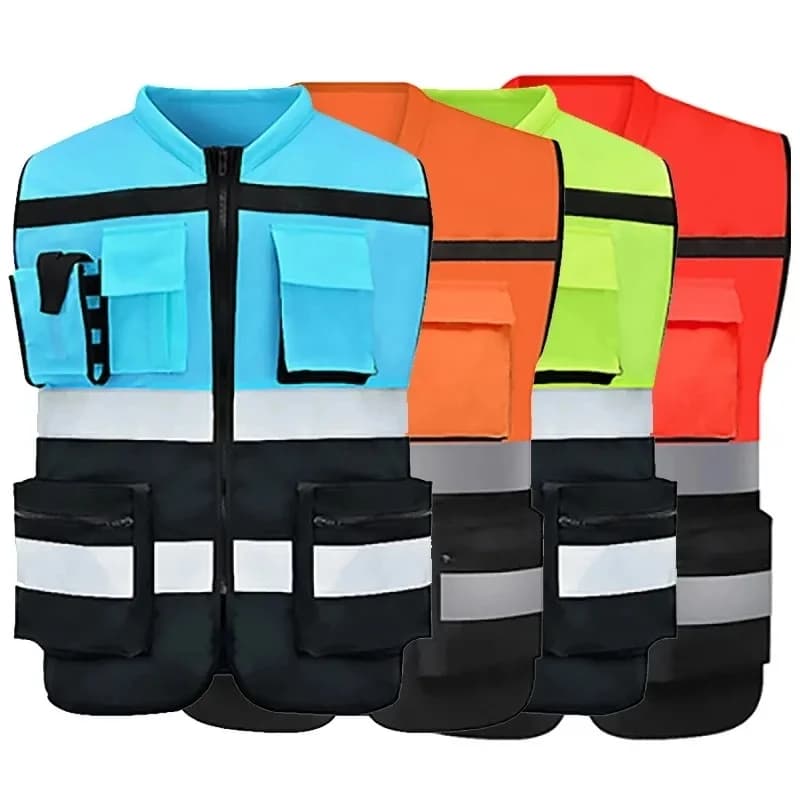 Custom Logo Safety Vest for Construction Work Two Tone High Visibillity Workwear Vest with Pockets and Zipper