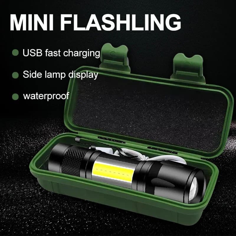 Mini LED Flashlight COB+XPE Portable Torch USB Charging Camping Lantern Zoomable Focus Light Tactical Flashlight with Pen Clip