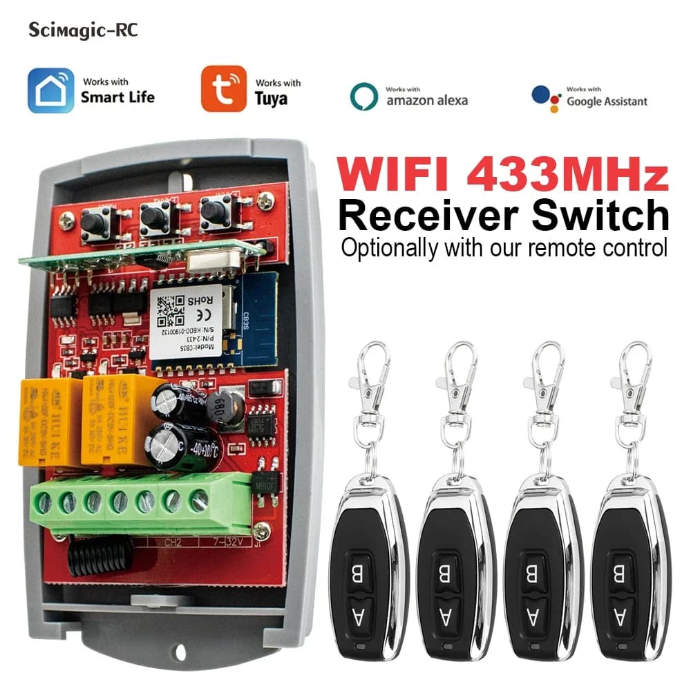 Tuya Universal Smart Wifi Receiver 2CH 12V 24V 220V Garage Door Remote Control Opener Controller 433/433.92 Mhz Transmittern
