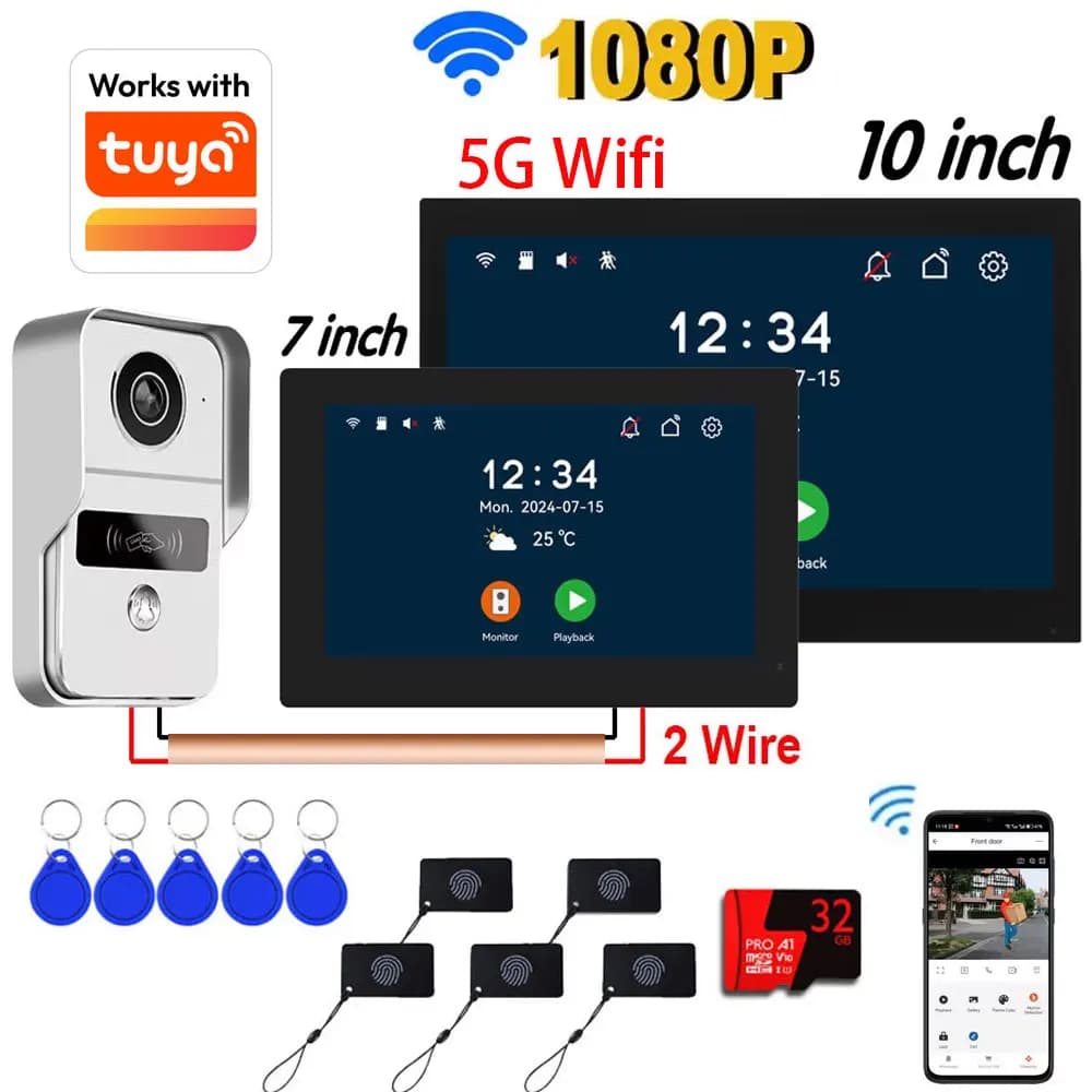 HD 1080P 2 Wire 7/10inch Touch Monitor WiFi Intercom Door Bell Video Intercom System For Home Doorphone Tuya Smart Life APP